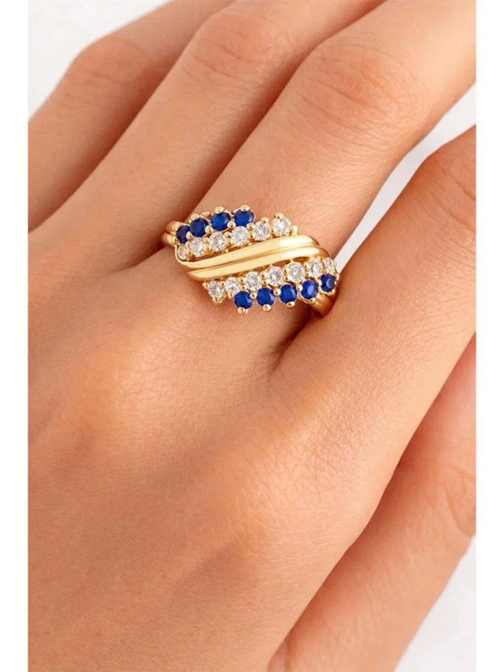 Created Blue & White Sapphire Ring Solid 14k Yellow Gold